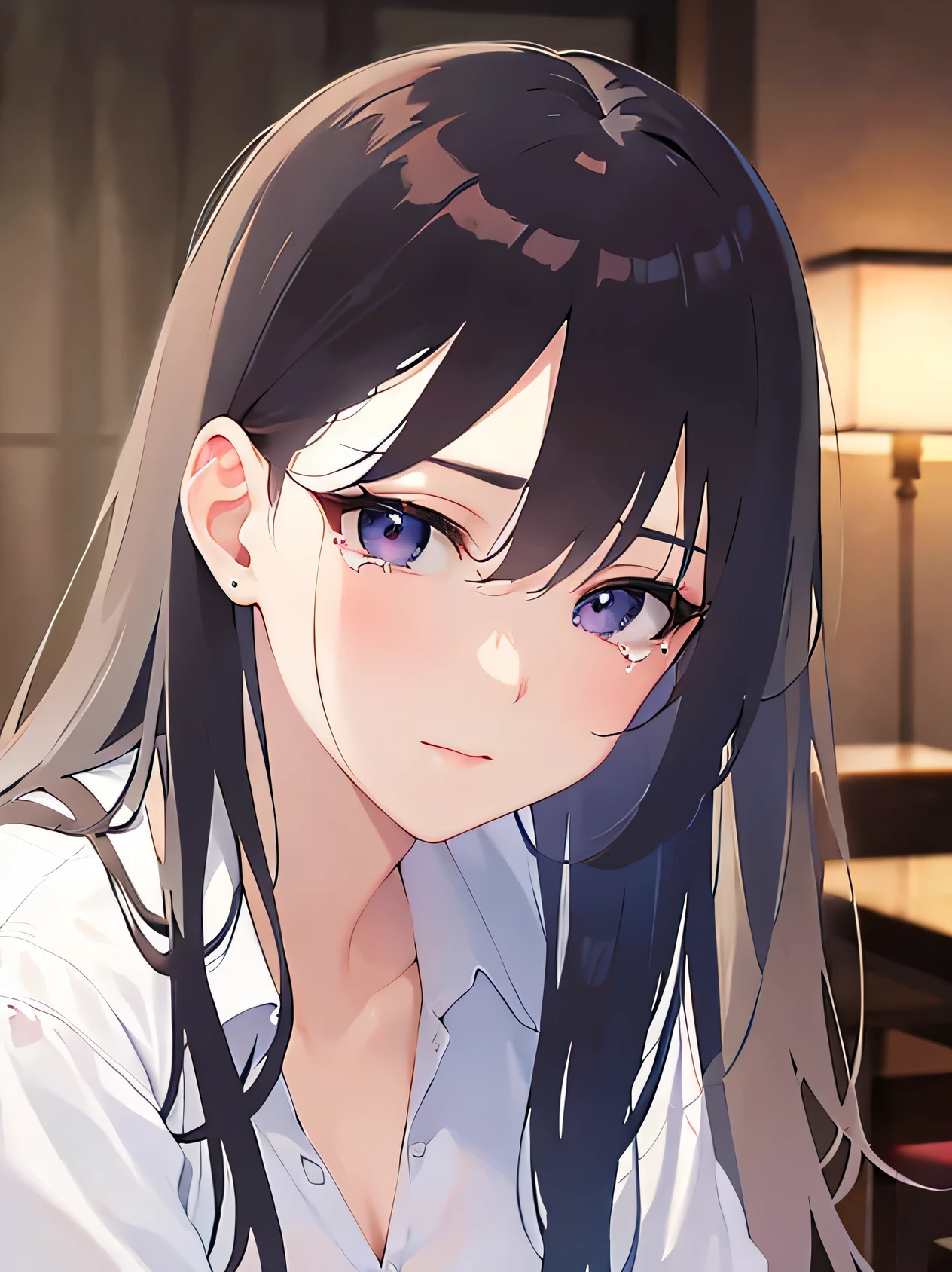 (White shirt:1.5)and(suit)、5 biologically correct fingers、Upper Body, Realistic, Real person, (Pale skin: 1.2), RAW Photos, Realistic, Portrait Photography, Shiny skin, Japanese Idols、Shiny Hair、(A 33-year-old woman with medium-length straight hair and bangs) and (Black Hair) and (Purple eyes) , (Crying face:1.3)and(streaming tears)and(wiping tears) The background is a hotel chair..、alone、Sitting