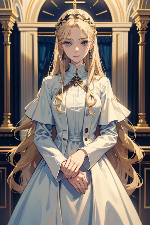 white girl about 25 years old, thin, elegant and beautiful clothes, with crucifix details, crucifix earrings, blind blue eyes, in a European mansion, long wavy blonde hair