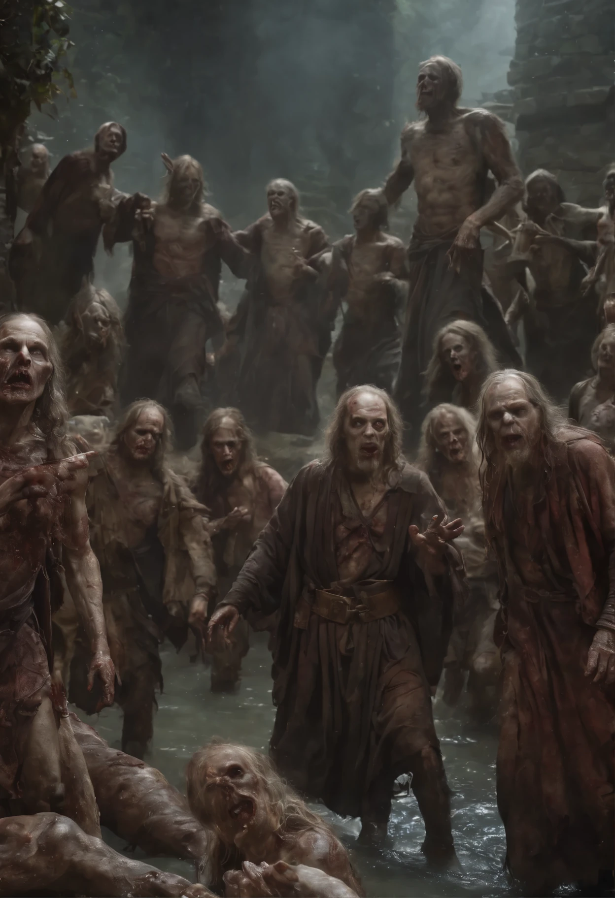 The Resurrected Messiah, (Zombie hordes, heaps of corpses, Bloodshed becomes a river, Hordes of monsters), (A group of blind believers who have been wandering around for 2000 years even after becoming zombies), Pole Arm, No Life King, Fantasy, Complex, elegant, Very detailed, Centered, Symmetric, God painted, Complex, Volumetric lighting, beautiful, A masterpiece of deep colour, Sharp focus, Very detailed, style of dan mumford and marc simonetti, Astrophotography