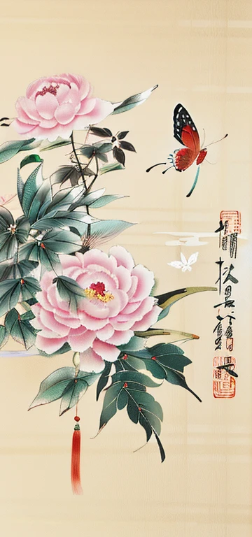 traditional Chinese painting，Peony，Fine brushwork style，Green Leaf，Butterfly