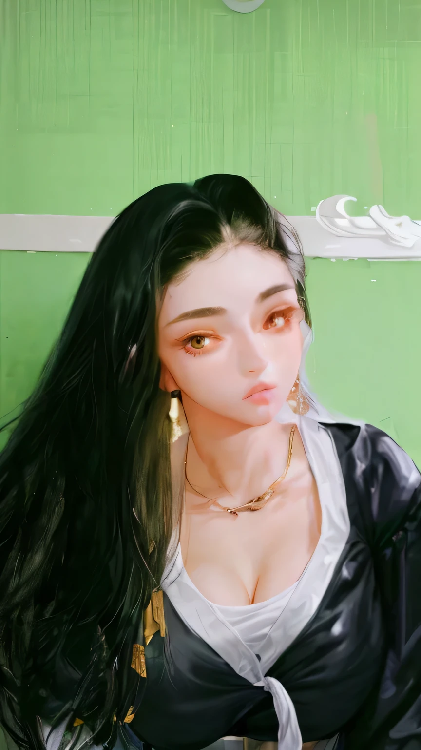 1 a beautiful girl age 20 years, has black hair, oval face, has a sexy body, big breast, wears a transparant blue and white shirt, wears a gray skirt, high detail, high quality 8k