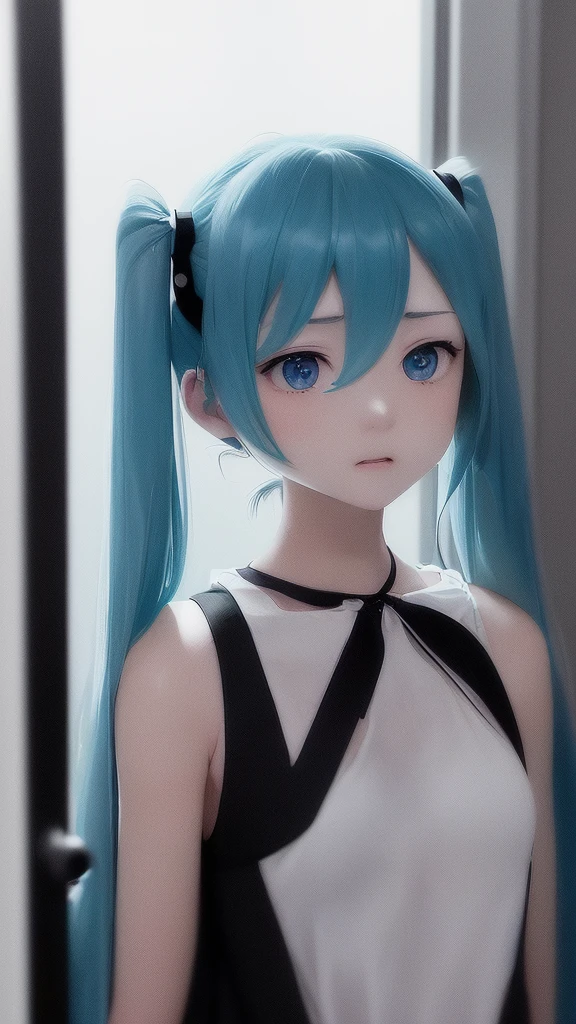 (very delicate and beautiful)、open the door(Tshirt)woman、offensive photos、solo、(silhouette)、raindrop、dark background、black figure、(silhouette)、slender body、dark background、Single unit、sad、1 person,Silhouette only,Black silhouette and white background,Hatsune Miku,Twin tails,blue gem eyes,Blue Hair