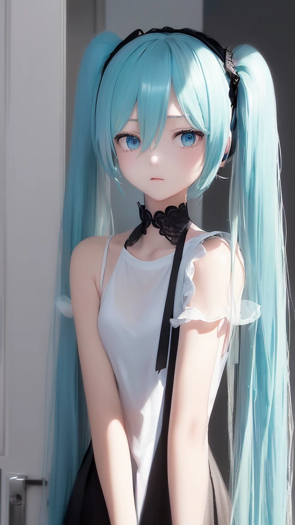 (very delicate and beautiful）、open the door（Ｔshirt）woman、offensive photos、solo、（silhouette）、raindrop、dark background、figure、（silhouette）、slender body、dark background、Single unit、sad、1 person,Silhouette only,Black silhouette and white background,Hatsune Miku,Twin tails,blue gem eyes,Blue Hair