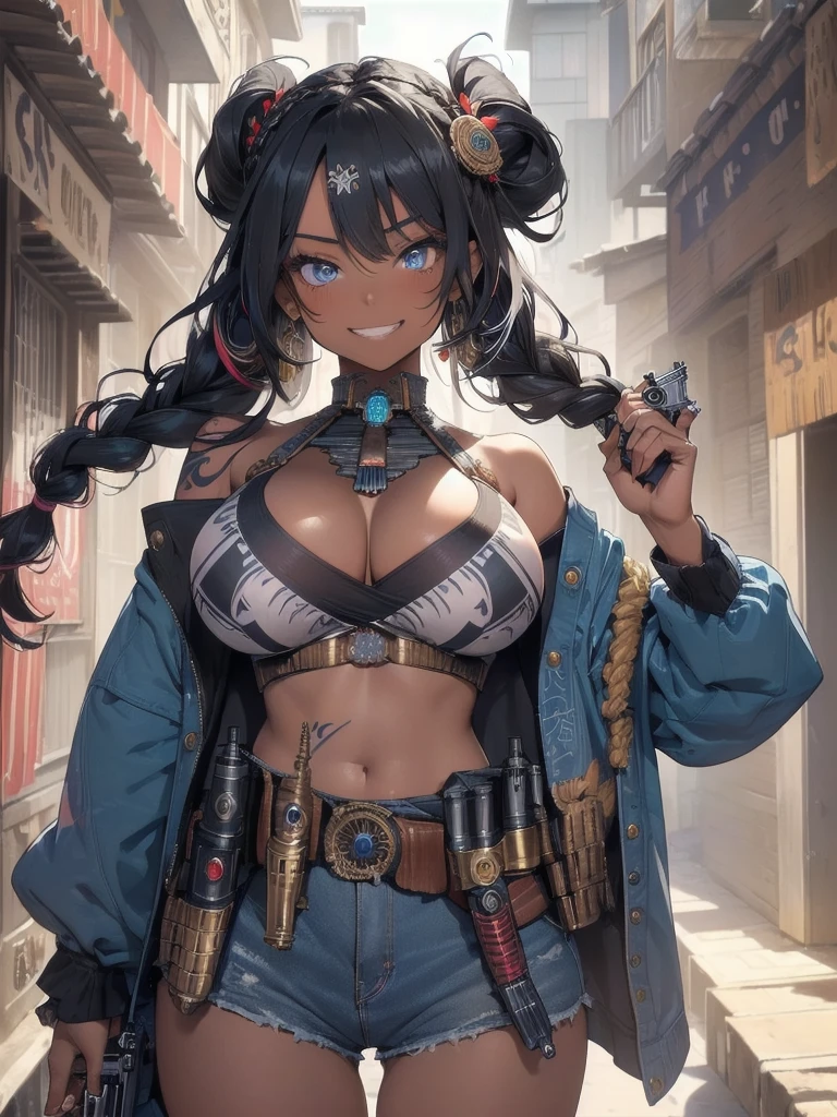 (best quarity,ultra detailed,ultra-high-resolution, absolutely resolution,8k, masterpiece), 20 years old,very-cute-and-beautiful-anime-1girl,(holding a pistol,gunfighter:1.8),solo,(grin:1.3),highly-detailed-face-and-eyes,(full-body:1.2),BREAK,(dark_skin:1.3),(tribal_tatoo:1.2),(big-breast:1.5),(grossly-ethnic-hair-Accessories:1.5),(wavy hairs),(messy hair),(asymmetry bangs),(long twin braids,tight braids,long braid,braided hair),(multicolored hair),(blue eyes:1.3),hair-accessories, soft-lighting,(intricate patterned robes, hair beads,beige crop top),village-of-south-island-background,