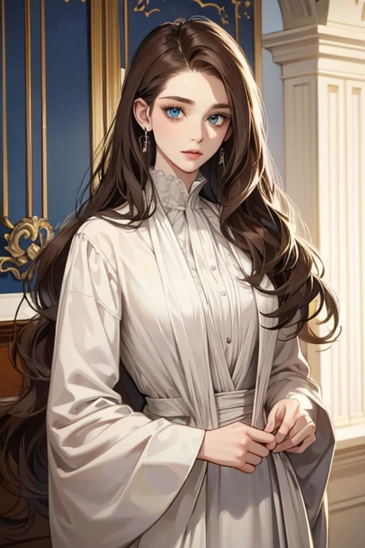 white girl about 25 years old, thin, elegant and beautiful clothes, with crucifix details, crucifix earrings, blind blue eyes, in a European mansion, long wavy brown hair