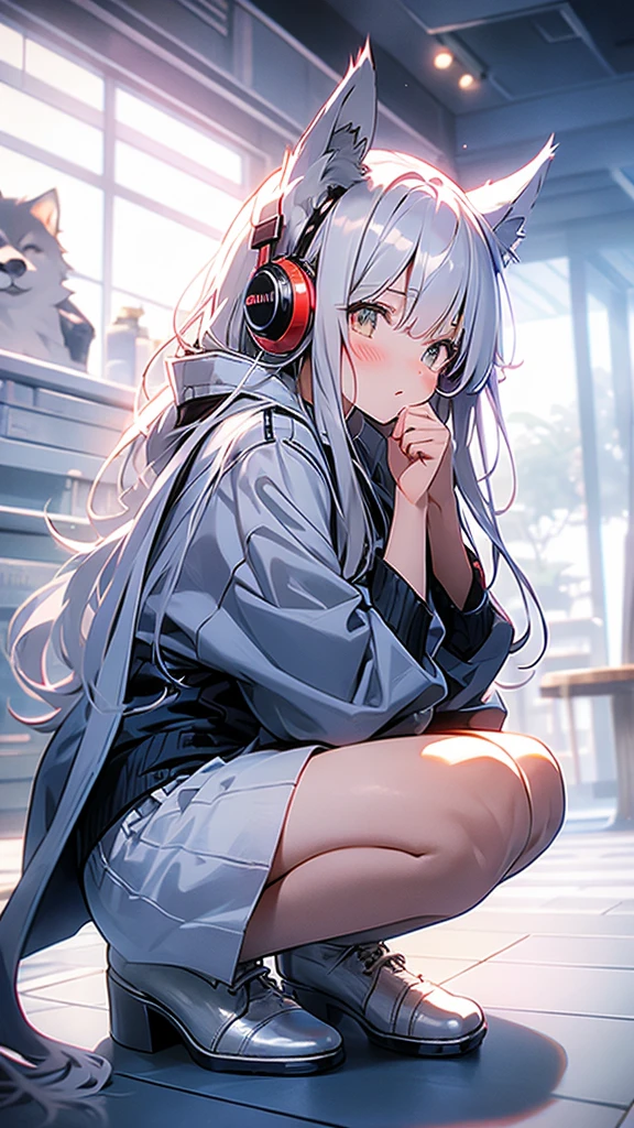 Beastman Girl、Silvery coat、Wolf Ears、Wolf's paws、Bushy Wolf Tail、Big golden eyes、Double teeth、Laugh fearlessly、Close-up、View your viewers、Rocky Mountain