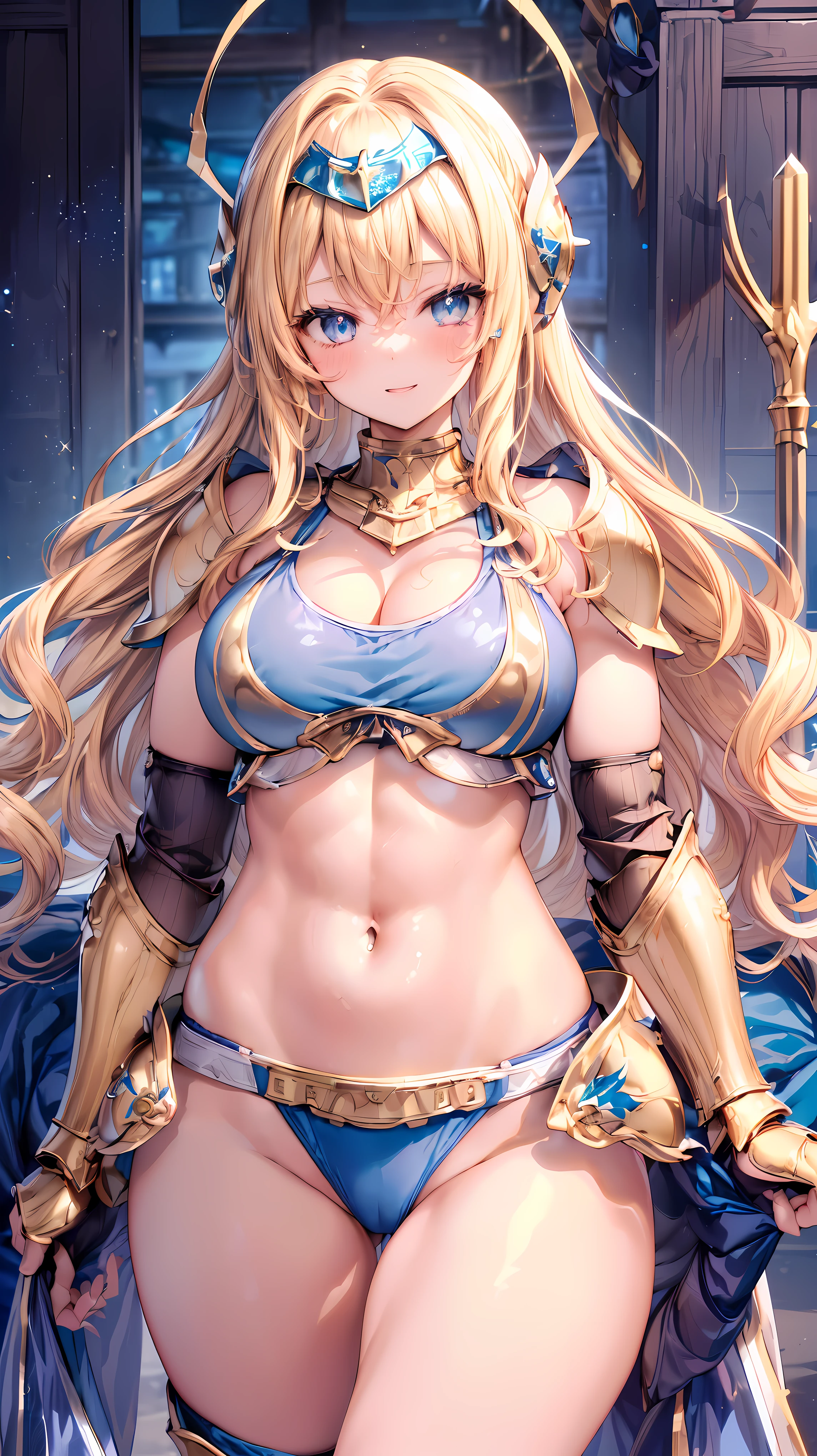 Very detailed、highest quality、Best image quality、masterpiece、8k、Anime Face、A kind smile、Open your mouth、Sparkling blue eyes、(Blonde wavy hair:1.5)、、Muscles of the whole body、camisole、Thigh belt、mini skirt、(Wearing gold bikini armor:1.5)、(Cowboy Shot:1.5)、(Leg armor:1.5)、(Wearing a helmet:1.5)