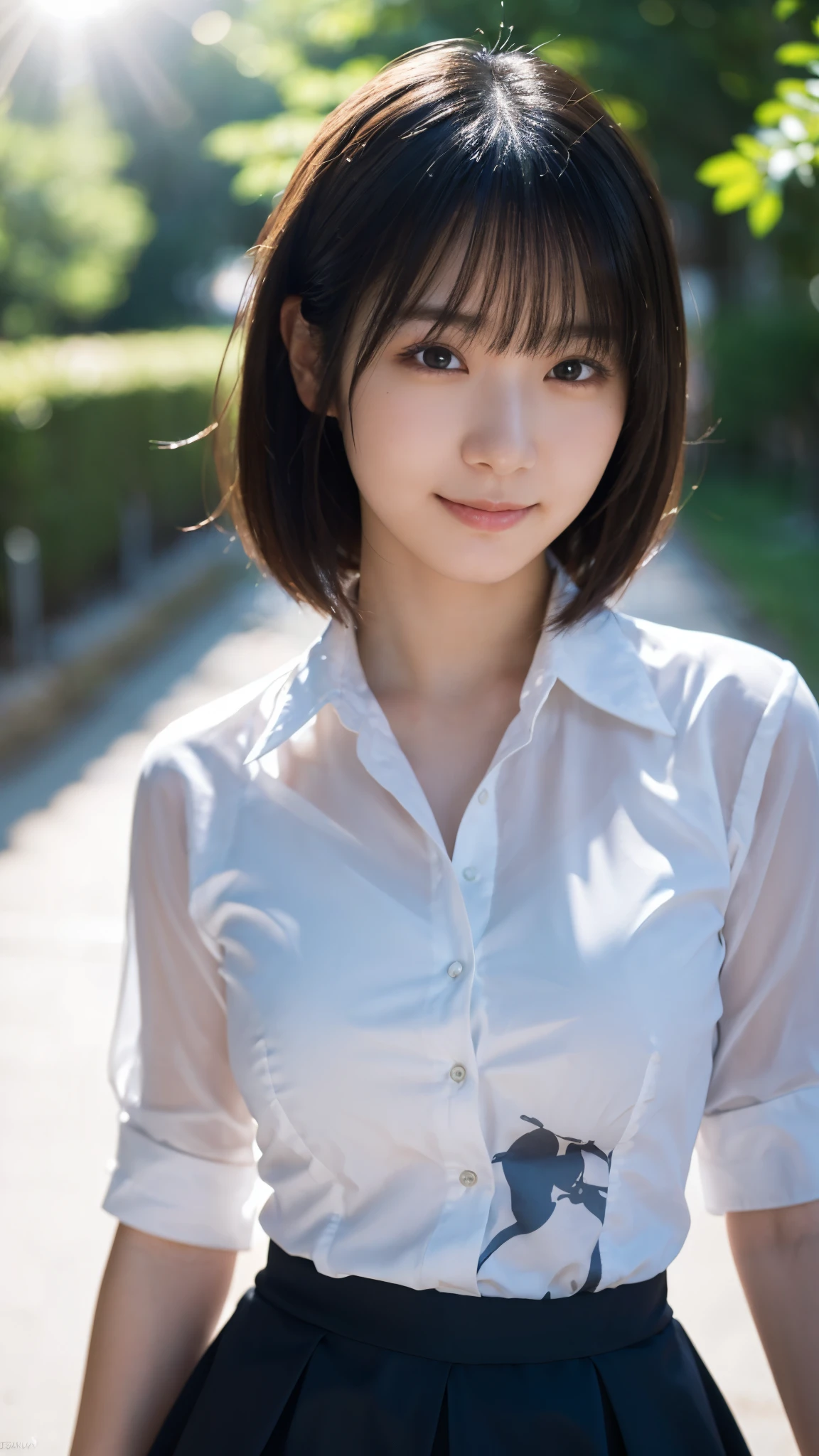 perfect Ratio Face, Balanced eyes, double eyelid,japanese girl,yr,round face, Beautiful nasal muscles lipgloss,Balanced style,shorthair with bangs,smile,open dress shirt,fluorescent blue underwear,undersize panties,gray color skirt,wearing watch on rist,squat on a flower bed,sunflower