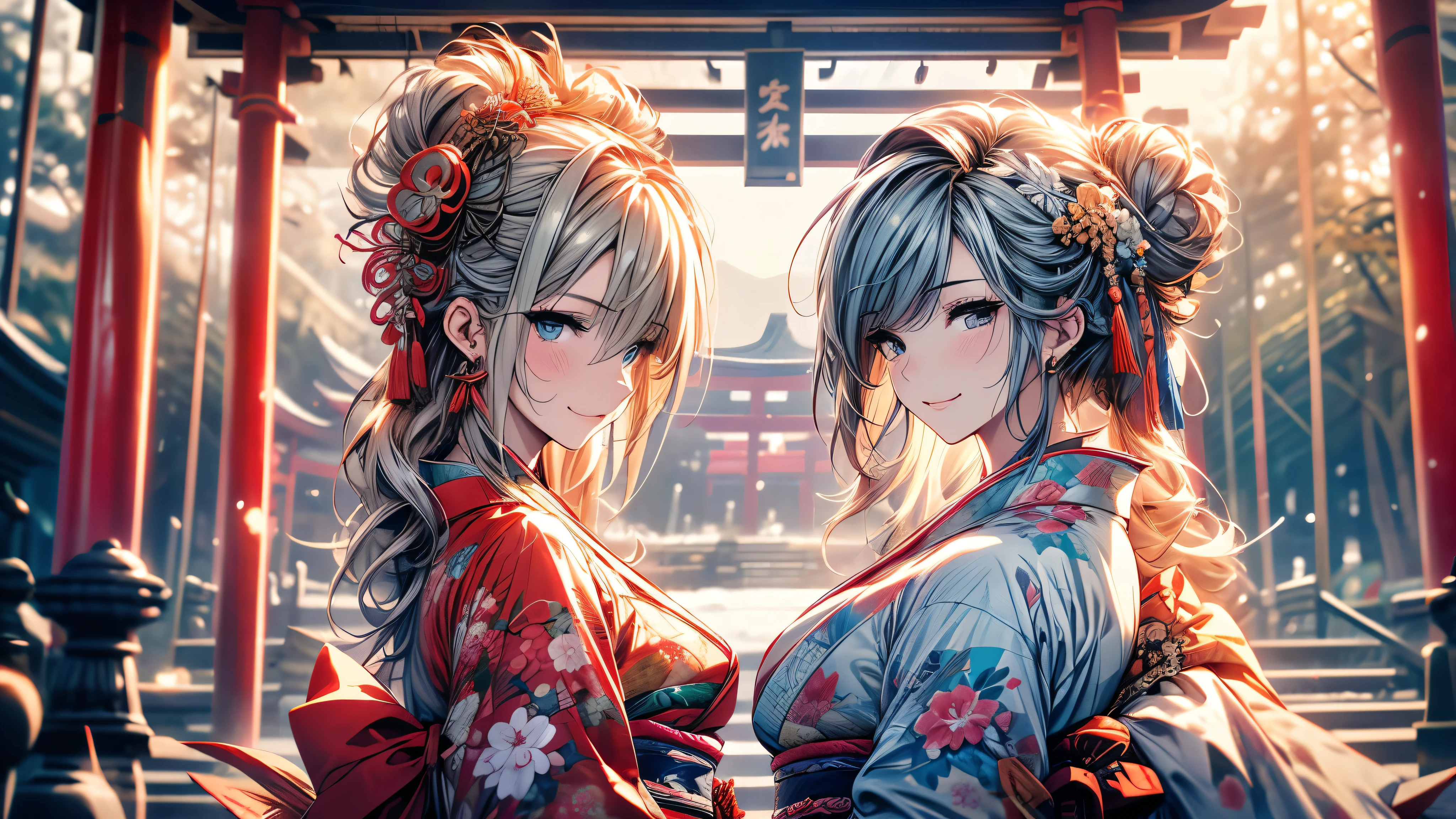 28 years old, Sexy body, Slim body, Silver hair fades to light blue tail, hair covering one eye, /Asymmetrical hair, /half bun hair, /half updo half up half down, /Medium Length Hair, /long wavy hair, blue eyes, break, Japanese clothes, kimono, neat kimono, Zen garden in Japanese temple, In front of the torii gate, New Year Visit, hands together, Pray for the future, Smile, In winter, Snow covered ground, There is snow, snowflake, Dynamic Angle, from the side, (Correct anatomy, Ideal body proportions), (/A night under the stars, /In the morning, under the holy light), break, high resolution, original photo, Photorealism, Stay focused, (natural lighting, Textile shading), Detailed background, Perfect layer cut, Focus on the eyes, (milf:1.5), Depth of Field, Bokeh, cowboy shot, ray tracing, masterpiece, best quality, 8K, retina, masterpiece, ccurate
