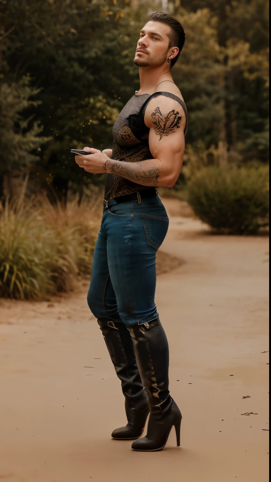 Hot masculine , muscular hunk cowboy in tight jeans heels boot and padded bra, with earrings and tattoos