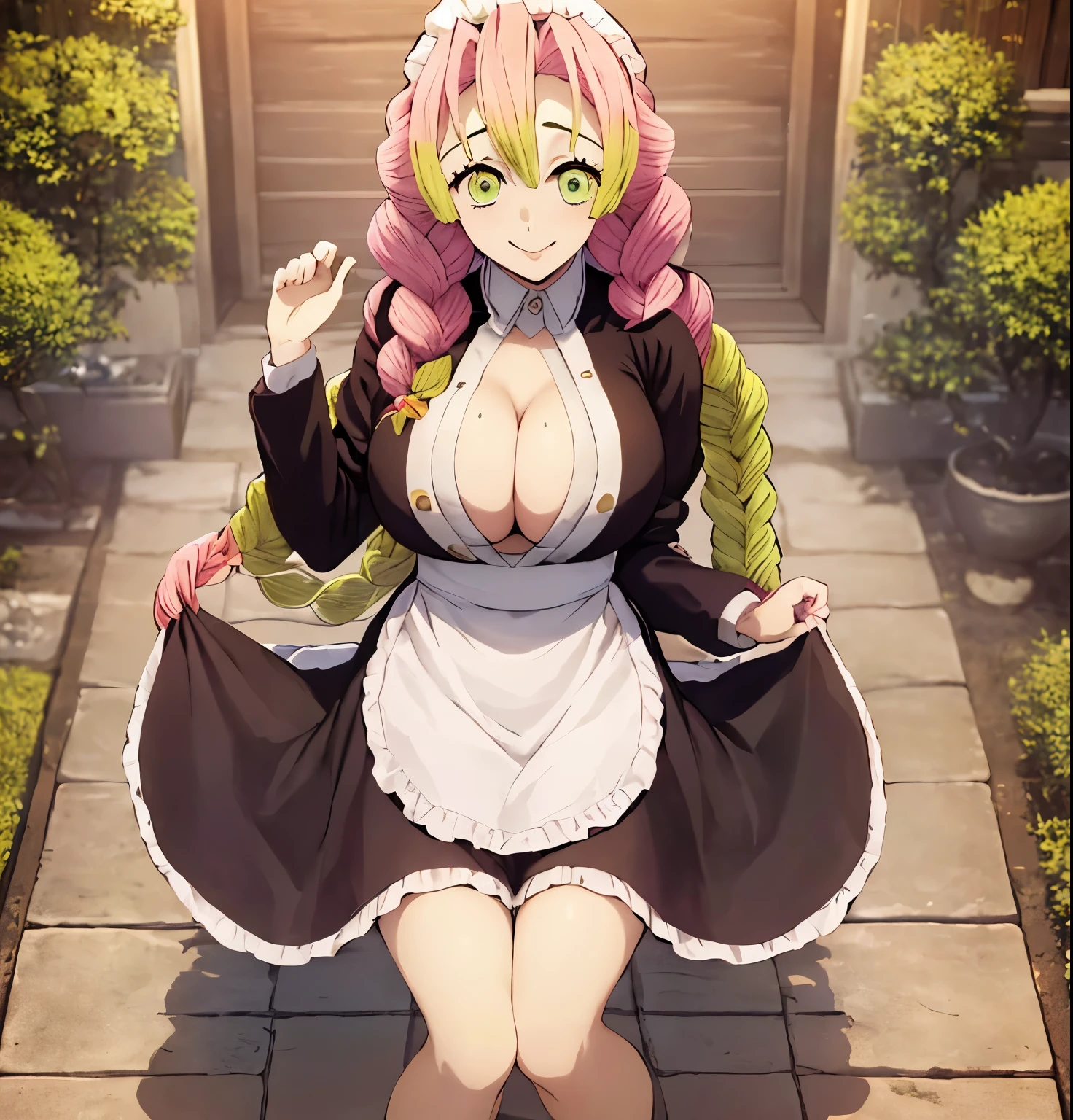 1 girl, solo, kanroji mitsuri, masterpiece, best quality, high resolution, aamitsuri, long hair, braid, multi-colored hair, green eyes, mole under the eye, big breasts, maid, maid headdress, cleavage, apron, black dress Upskirt, smile, garden, foot, perfect hands, perfect anatomy, (sexual), 1 girl, (gradient hair color), (long hair), seductive expression, sensual face, green eyes, (erotic),