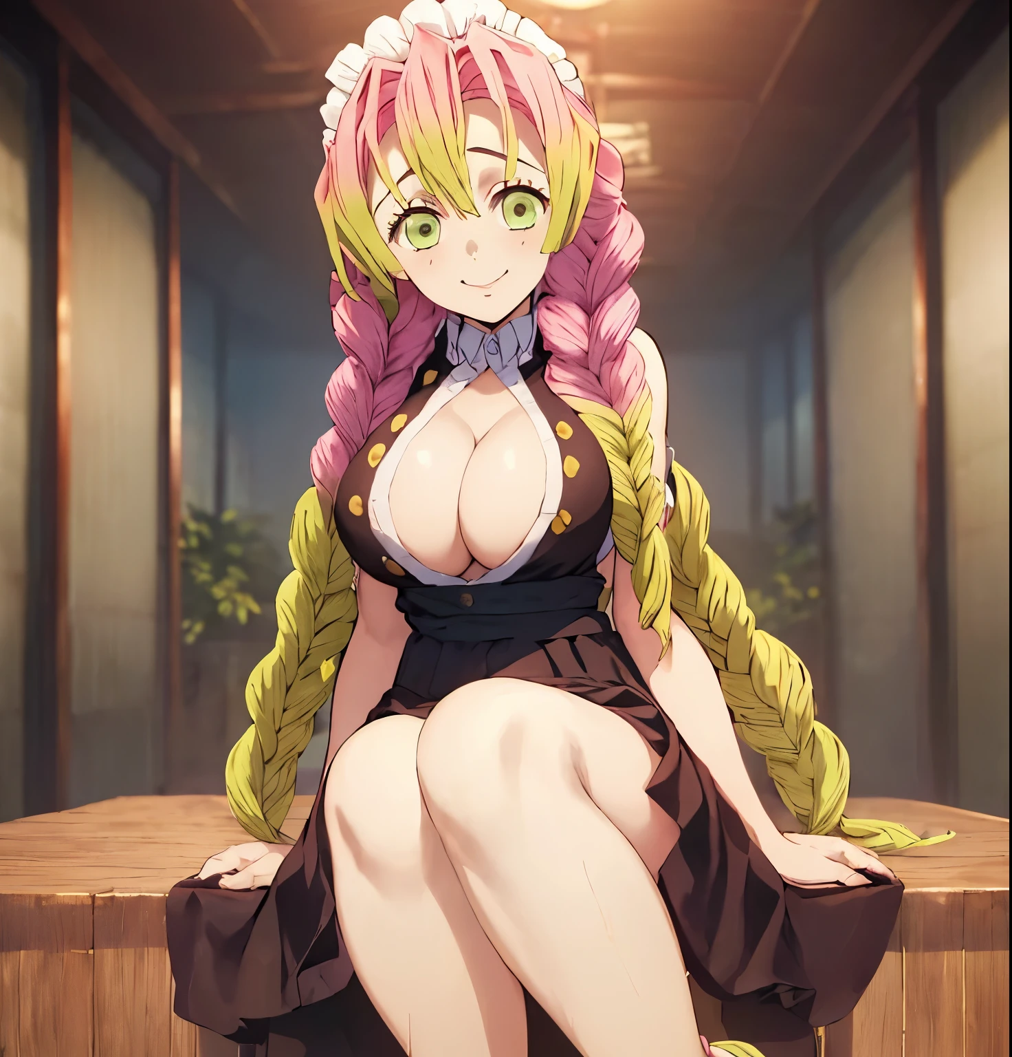 1 girl, solo, kanroji mitsuri, masterpiece, best quality, high resolution, aamitsuri, long hair, braid, multi-colored hair, green eyes, mole under the eye, big breasts, maid, maid headdress, cleavage, apron, black dress Upskirt, smile, garden, foot, perfect hands, perfect anatomy, (sexual), 1 girl, (gradient hair color), (long hair), seductive expression, sensual face, green eyes, (erotic),