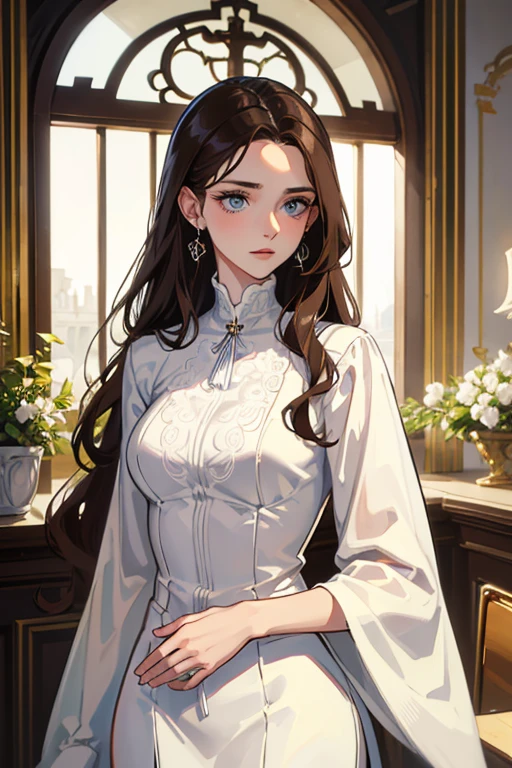 white girl about 25 years old, thin, elegant and beautiful clothes, with crucifix details, crucifix earrings, blind blue eyes, in a European mansion, long wavy brown hair