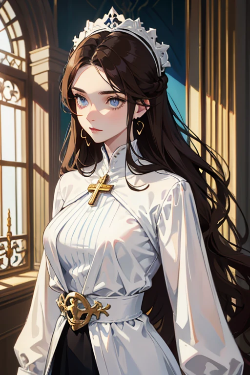 white girl about 25 years old, thin, elegant and beautiful clothes, with crucifix details, crucifix earrings, blind blue eyes, in a European mansion, long wavy brown hair