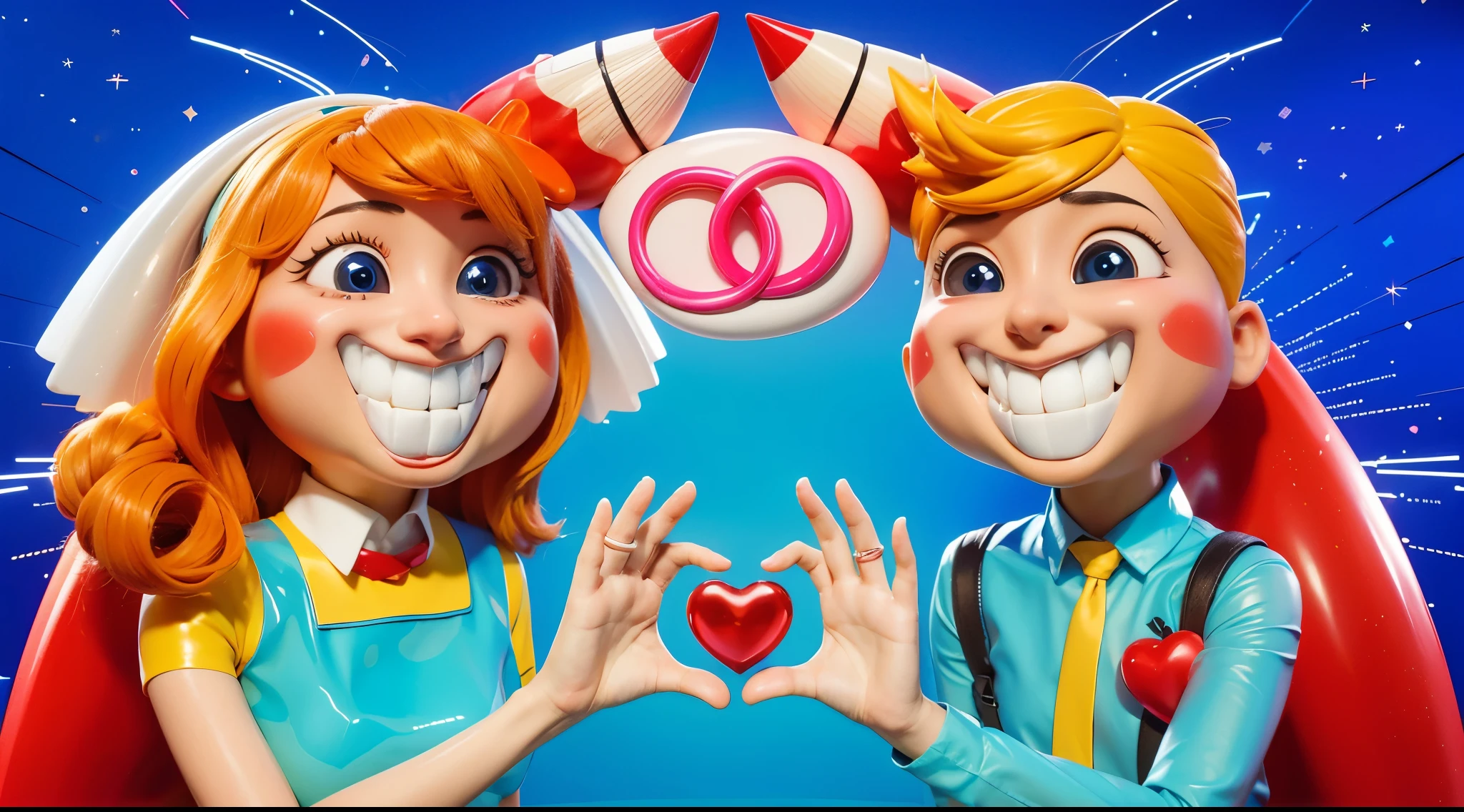 The image depicts a 3D rendered illustration of a boy and a girl with their hands shaped in the shape of a heart. They are both smiling and have red hair. The background is blue. cartoon characters stand next to each other, Electricsbunny, Holographic creatures, Beeple and Jeremiah Ketner, 🐋 as 🐘 as 🤖 as 👽 as 🐳, matte, Rabbids, cute 3D rendering, 3D icon for mobile game, robot rabbit, Shiny metallic, 3D персонажи violet cat toy, toy cat laying on glossy , glossy texture, smooth 3d model, multiple light sources, rim light, sharp post effects render, (glossy big light probe refractions), perfect cgi, cgi art created only with gradients, smooth silhouette, high intensity refraction, ( ), most beautiful vfx, blue background