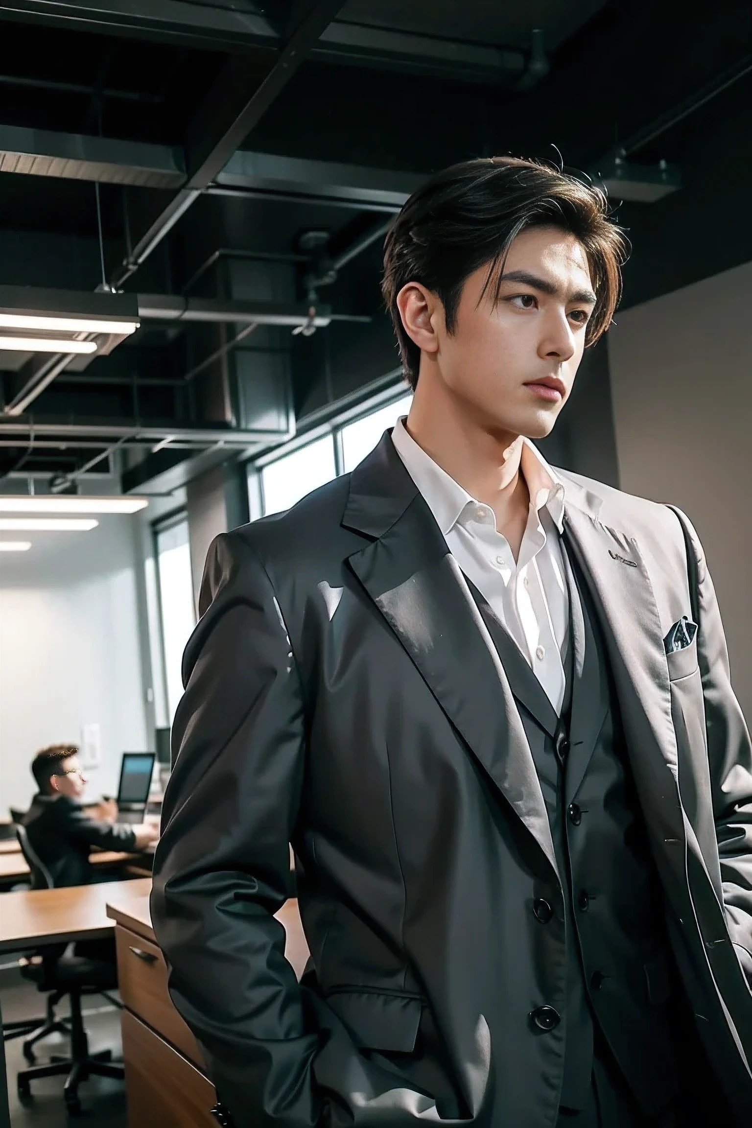 handsome male,solo,muscle,suit,feather coat,dutch angle,low angle,empty Office