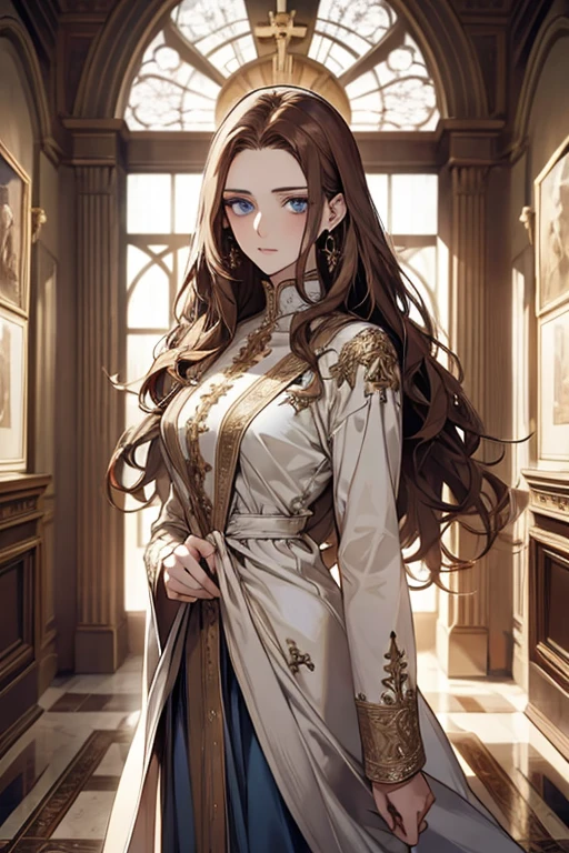 white girl about 25 years old, thin, elegant and beautiful clothes, with crucifix details, crucifix earrings, blind blue eyes, in a European mansion, long wavy brown hair