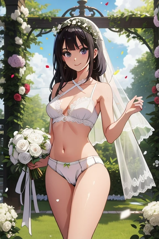 masterpiece, best quality, highres, wedding dress, white dress, garden, holding bouquet, confetti,Shoulder Bare、midriff peek、bare legs、very long veil、(She showed off her white panties:1.5)、((Glowing Skin:1.2))、cameltoe、reina、smile