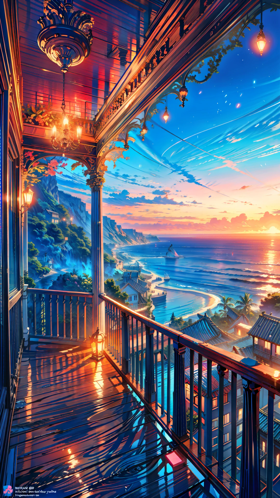 a painting of a balcony with a view of the bioluminescence ocean, turquoise and pink lighting, beautiful dreamy lighting, pink and blue lighting, dreamy colors, ocean cliff view, gorgeous romantic sunset, cliff side at dusk, glowing drapes, beautiful and spectacular dusk, dramatic and colorful lighting, overlooking the ocean, views to the ocean, deep blue lighting, beautiful colorful lights, breathtaking lights,  4k hd, beautiful art uhd 4 k, a beautiful artwork illustration, beautiful digital painting, highly detailed digital painting, beautiful digital artwork, detailed painting 4 k, very detailed digital painting, rich picturesque colors, gorgeous digital painting