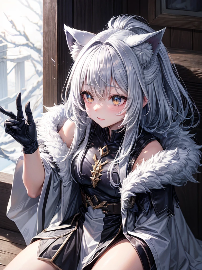 Beastman Girl、Silvery coat、Wolf Ears、Wolf's paws、Bushy Wolf Tail、Big golden eyes、Double teeth、Laugh fearlessly、Close-up、View your viewers、Rocky Mountain