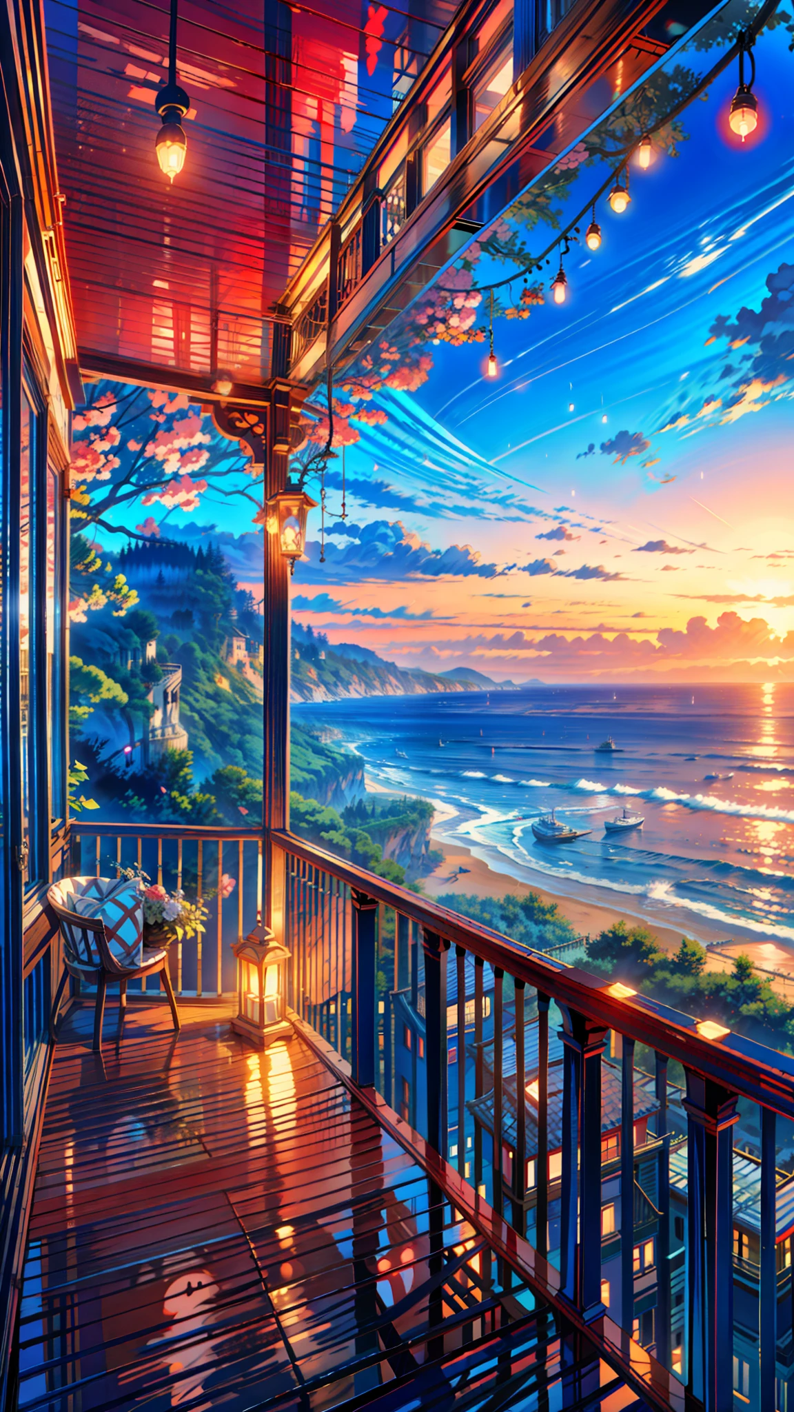 a painting of a balcony with a view of the bioluminescence ocean, turquoise and pink lighting, beautiful dreamy lighting, pink and blue lighting, dreamy colors, ocean cliff view, gorgeous romantic sunset, cliff side at dusk, glowing drapes, beautiful and spectacular dusk, dramatic and colorful lighting, overlooking the ocean, views to the ocean, deep blue lighting, beautiful colorful lights, breathtaking lights, 4k hd, beautiful art uhd 4 k, a beautiful artwork illustration, beautiful digital painting, highly detailed digital painting, beautiful digital artwork, detailed painting 4 k, very detailed digital painting, rich picturesque colors, gorgeous digital painting