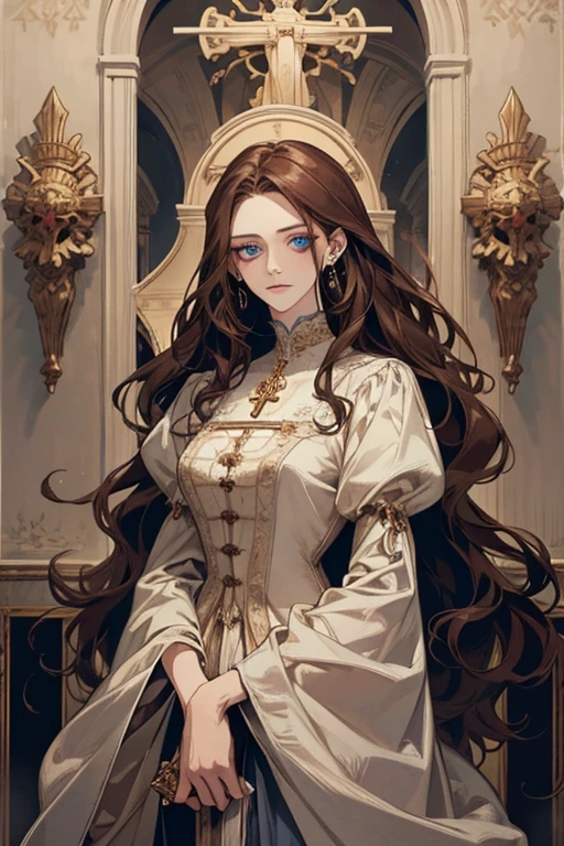 white girl about 25 years old, thin, elegant and beautiful clothes, with crucifix details, crucifix earrings, blind blue eyes, in a European mansion, long wavy brown hair