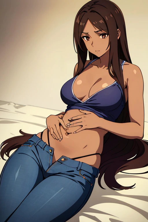 ((best quality)), ((masterpiece)), (detailed), perfect face, brown skin anime girl in a deep V Neck crossover wrap top, (jeans trousers), famished in hunger, (gently resting hands on stomach), (long hair), (hands on her stomach)
