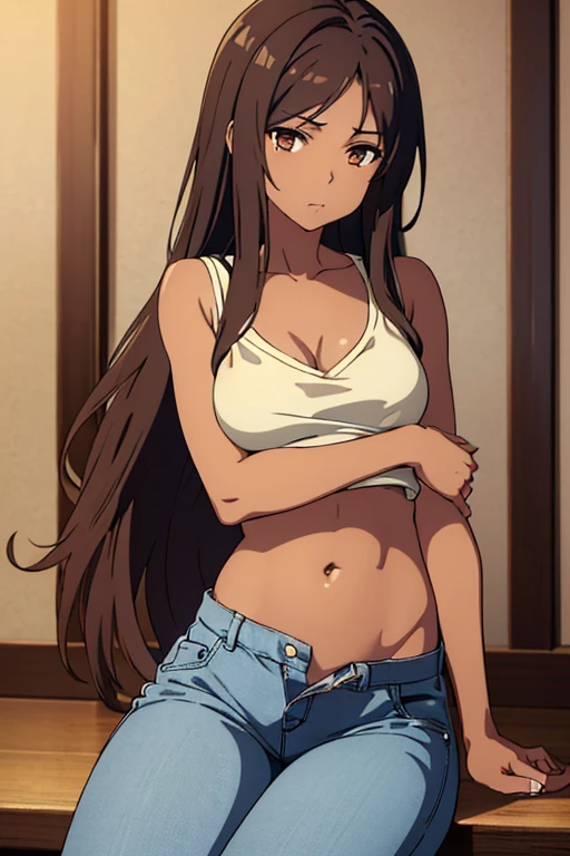 ((best quality)), ((masterpiece)), (detailed), perfect face, brown skin anime girl in a deep V Neck crossover wrap top, (jeans trousers), famished in hunger, (gently resting hands on stomach), (long hair), (hands on her stomach)