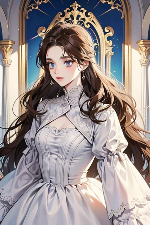 white girl about 25 years old, thin, elegant and beautiful clothes, with crucifix details, crucifix earrings, blind blue eyes, in a European mansion, long wavy brown hair