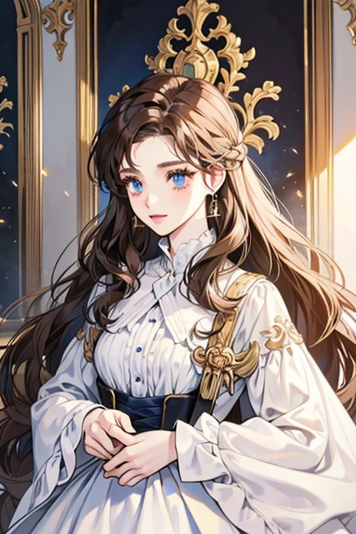 white girl about 25 years old, thin, elegant and beautiful clothes, with crucifix details, crucifix earrings, blind blue eyes, in a European mansion, long wavy brown hair