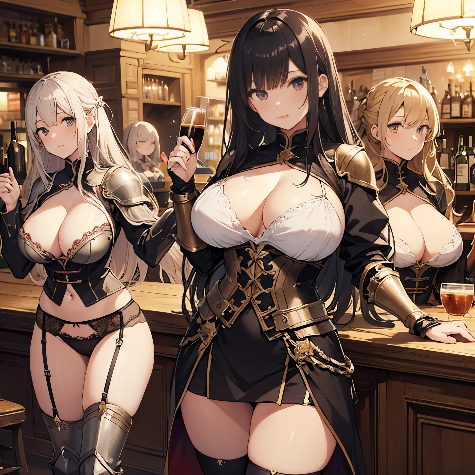 A group of female adventurers set in a medieval fantasy world, (At the pub), Mr.々Hair style, Harem, night, Detailed aspect, Short skirt, Seduce, No sleeve, armor 、showing off panties、Huge Breasts、Big Ass、wide waist width