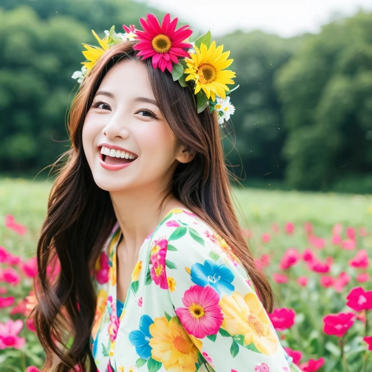 Beauty　older sister、turn around、one piece、smile、Age 35、up、Flowers on the head、long hair、Colorful flowers、Flower Field、Sticking out tongue