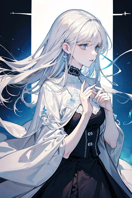 white girl about 25 years old, thin, elegant and beautiful clothes, with crucifix details, crucifix earrings, blind blue eyes, in a European mansion, long wavy brown hair
