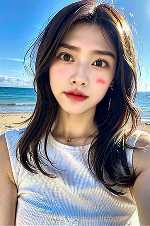 a 20 yo woman,(hi-top fade), ((beach, photo selfie:1)) , long hair, high contrast, (natural skin texture, hyperrealism, soft light, sharp), ​masterpiece, top-quality, 超A high resolution, (Photorealsitic:1.4), 32K,beautiful lighting, Raw photography, 8K UHD, A detailed face, A detailed eye,Detailed eyes,Symmetrical eyes,Good balance between the left and right eyes,no-makeup:1.5,beautiful a girl, Cute s,18year old,(((cabelos preto e longos、One-length,with round face,a ,Young Face, Narrow eyebrows,round upturned nose,Letter to)))