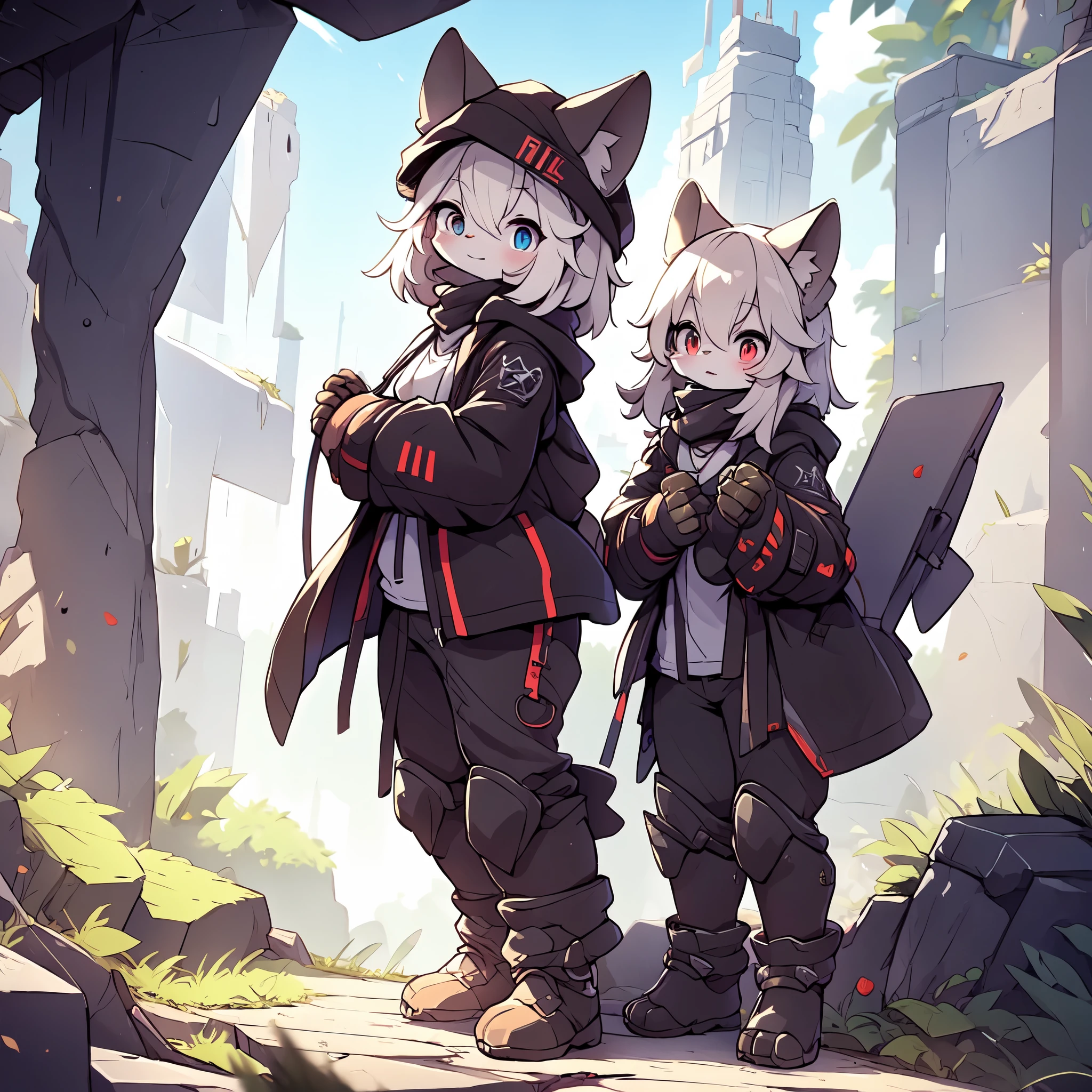 Kawaii, Striped Fluffy Fox, emaciated, long hair, 3girls, artificial synthetic skin, life support prosthetics, digital headphones, black tight latex bodysuit, white long dress, thigh-high-socks, shorts, loose off-the-shoulder hood open jacket, holsters in thigh, Mechanical boots, tactical knee pads, tactical belted loose Arm Sleeves, cybernetic Display gloves, chest rigs, tactical belts, blue archive halo, bulletproof goggles on forehead, from Ark nights, ray tracing, depth of field, bloom, masterpiece, ccurate, high details, highres