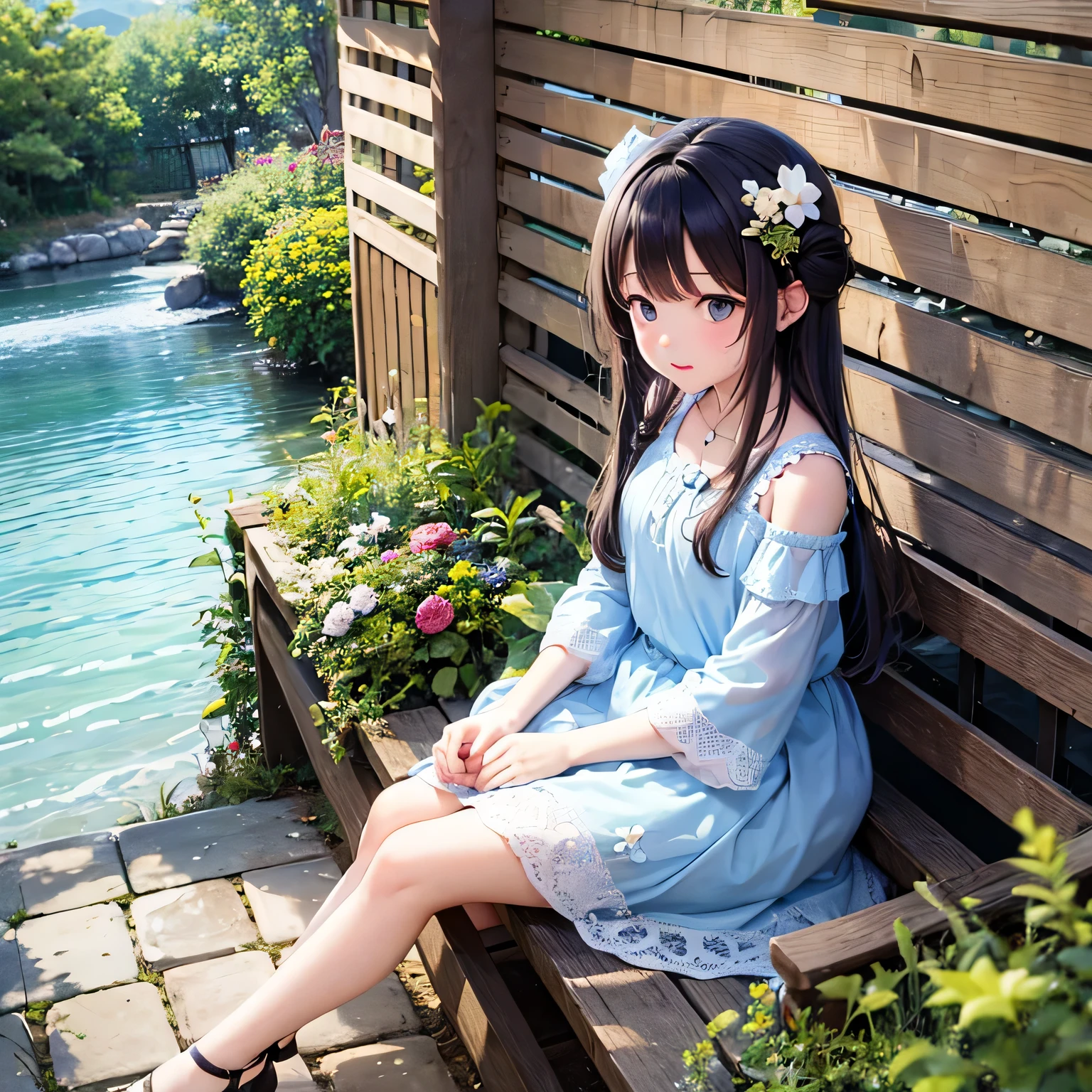 (ocean View) The girl inside(Calm) Country garden, Lush greenery and vibrant flowers々Surrounded by. she(Wooden bench) and a(Soft cushion) While she gazes into the distance. The garden is located at the foot of a majestic mountain..(range) Getting to the sky, and its peaks covered in a blanket of(Wispy clouds). girl is wearing(Flowy summer dress) It matches perfectly with the colors of the flowers blooming around her.. she(Beautiful details) shine and curiosity and wonder as she takes in the breathtaking(View) Before she. The light of the sun shines through the leaves, casting(Mottled shadows) On the ground. The air is filled and the sweet scent of blooming flowers and the gentle sound of birds chirping. The scene is warm(colorful) Shine, Create a sense of peace and tranquility. girl'Hair is dancing(Wind), adding to the Calm atmosphere of the place. This work、(Computer-generated image) technology, and a focus on(Very detailed) Element and(Realistic) style. The colors are vibrant and lively, Bringing the scene to life. The lighting is soft、(Light of the sun), Highlight the natural beauty of your surroundings. Overall image quality is the best, and(4K resolution), capturing even the finest details and(Ultra-high resolution) Accuracy. This masterpiece of art combines the beauty of nature and the innocence and wonder of youth, Create truly compelling visual experiences.Spread your arms