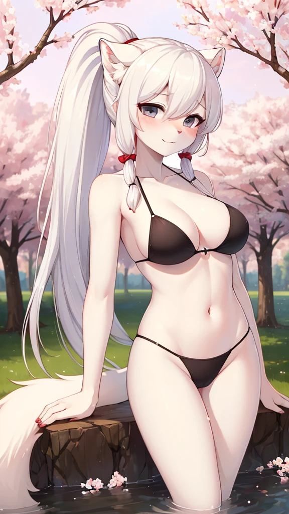 ((best quality, Masterpiece, perfect anatomy, Detailed pictures)), furry, 1 woman, arctic ferret, sexy, long white hair, ponytail, gray eyes, Shit shy, ferret tail, black bikini, red red, shy, in the cherry tree, wet, Bust 82, Waist 56, Thigh 83