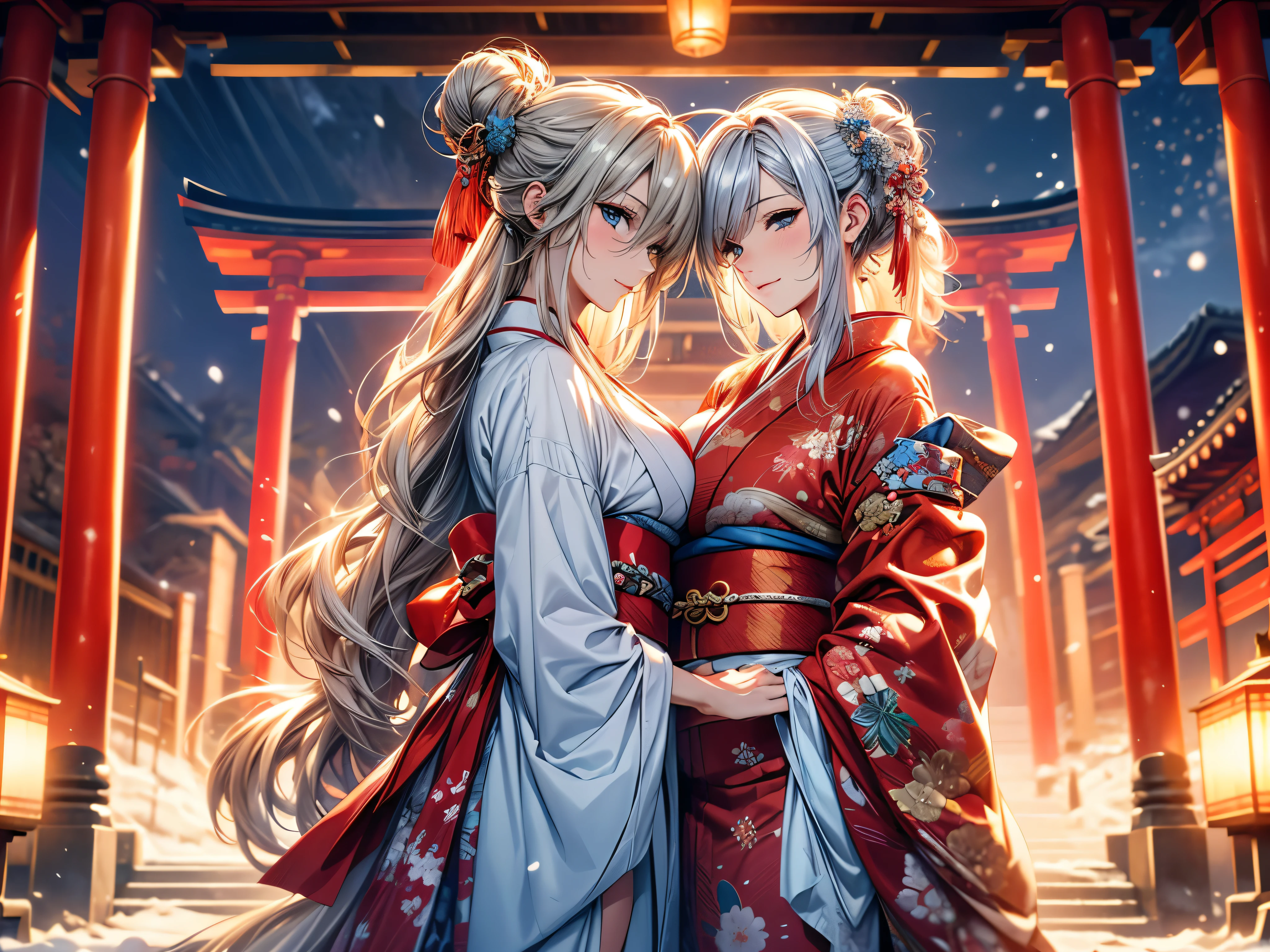 28 years old, Sexy body, Slim body, Silver hair fades to light blue tail, hair covering one eye, /Asymmetrical hair, /half bun hair, /half updo half up half down, /Medium Length Hair, /long wavy hair, blue eyes, break, Japanese clothes, kimono, neat kimono, Zen garden in Japanese temple, In front of the torii gate, New Year Visit, hands together, Pray for the future, Smile, In winter, Snow covered ground, There is snow, snowflake, Dynamic Angle, from the side, (Correct ???????, Ideal body proportions), (/A night under the stars, /In the morning, under the holy light), break, high resolution, original photo, Photorealism, Stay focused, (natural lighting, Textile shading), Detailed background, Perfect layer cut, Focus on the eyes, (milf:1.5), Depth of Field, Bokeh, cowboy shot, ray tracing, masterpiece, best quality, 8K, retina, masterpiece, ccurate