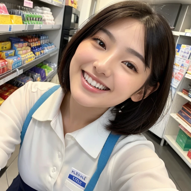 (highest quality, 8k, 32k, masterpiece, Ultra-high resolution:1.2),Beautiful Japanese Women Photos、alone、1 girl、healthy、Glowing Skin, Shallow depth of field、Contrasting、Professional Model、look forward to、Overbyte、mouth half open、blush:2.5、Random hairstyles for short hair、Black Hair、Face close-up、Portraiture、Teeth are visible、Big Mouth、Droopy eyes、Round face、Multiple moles、Fair skin、A lively 24-year-old、Brown eyes、Big smile、(Chubby) 、Profession:Salesperson at a home appliance retail store、Wearing uniform、Inside the store