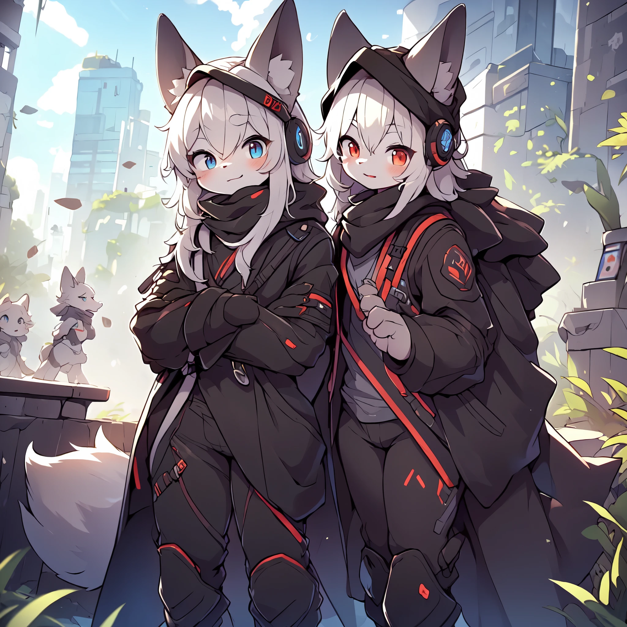 Kawaii, Striped Fluffy Fox, emaciated, long hair, 3girls, artificial synthetic skin, life support prosthetics, digital headphones, black tight latex bodysuit, white long dress, thigh-high-socks, shorts, loose off-the-shoulder hood open jacket, holsters in thigh, Mechanical boots, tactical knee pads, tactical belted loose Arm Sleeves, cybernetic Display gloves, chest rigs, tactical belts, blue archive halo, bulletproof goggles on forehead, from Ark nights, ray tracing, depth of field, bloom, masterpiece, ccurate, high details, highres