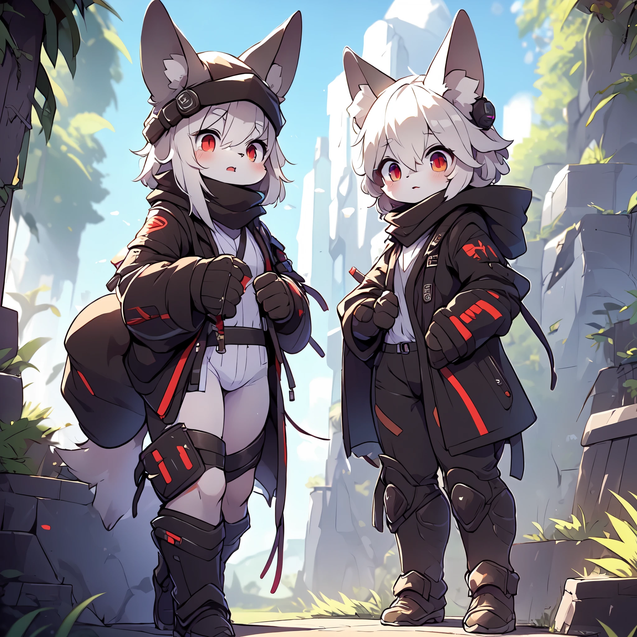 Kawaii, Striped Fluffy Fox, emaciated, long hair, 3girls, artificial synthetic skin, life support prosthetics, digital headphones, black tight latex bodysuit, white long dress, thigh-high-socks, shorts, loose off-the-shoulder hood open jacket, holsters in thigh, Mechanical boots, tactical knee pads, tactical belted loose Arm Sleeves, cybernetic Display gloves, chest rigs, tactical belts, blue archive halo, bulletproof goggles on forehead, from Ark nights, ray tracing, depth of field, bloom, masterpiece, ccurate, high details, highres