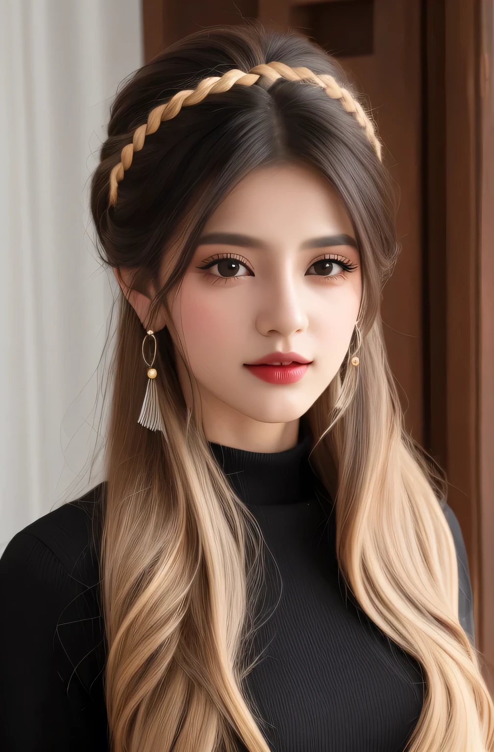1girl, solo, cabelos longos, seios, olhando para o espectador, franja, olhos azuis, enfeite de cabelo, luvas, segurando, jewelry, cabelo muito longo, boca fechada, late, arma, braid, cabelo branco, brincos, luvas pretas, segurando arma, cabelo sobre um olho, recorte de roupas, bodysuit, polearm, borla, rabo de cavalo braiddo, luvas parcialmente sem dedos, bodysuit preto, hip ventilation, recorte de ombro, segurando polearm, brincos de borla, cortina de peito, Shenhe  (genshin impacto ),