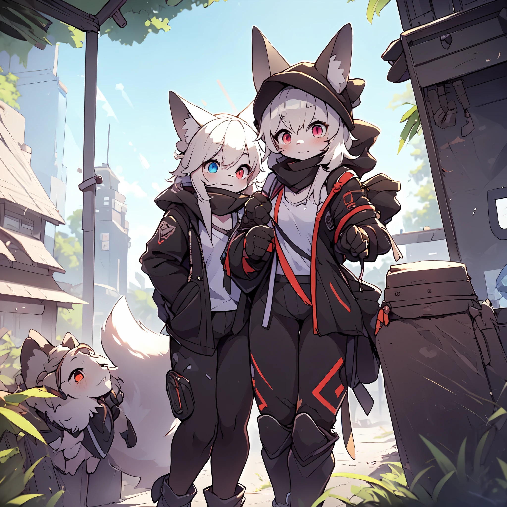 Kawaii, Striped Fluffy Fox, emaciated, long hair, 3girls, artificial synthetic skin, life support prosthetics, digital headphones, black tight latex bodysuit, white long dress, thigh-high-socks, shorts, loose off-the-shoulder hood open jacket, holsters in thigh, Mechanical boots, tactical knee pads, tactical belted loose Arm Sleeves, cybernetic Display gloves, chest rigs, tactical belts, blue archive halo, bulletproof goggles on forehead, from Ark nights, ray tracing, depth of field, bloom, masterpiece, ccurate, high details, highres