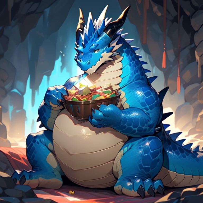 there is a large blue dragon sitting on a bed in a room, fat dragon, fat dragon with rider, dragon vore art, trending on artstation pixiv, you being dragon food, dragon vore, digesting a small dragon, dragon body, giant dragon resting in a cave, blue dragon, blue scaled dragon, i just saw a huge dragon, stuffed dragon