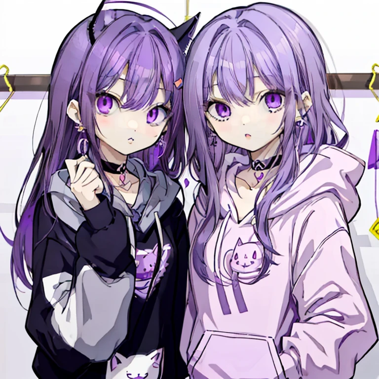 Purple Hair,Long Hair,Purple Eyes,Sharp Eyes,Cat,ぶちゃCat,Catを抱く,cute,Earrings,choker,Wear a hoodie,Cat耳パーカー
