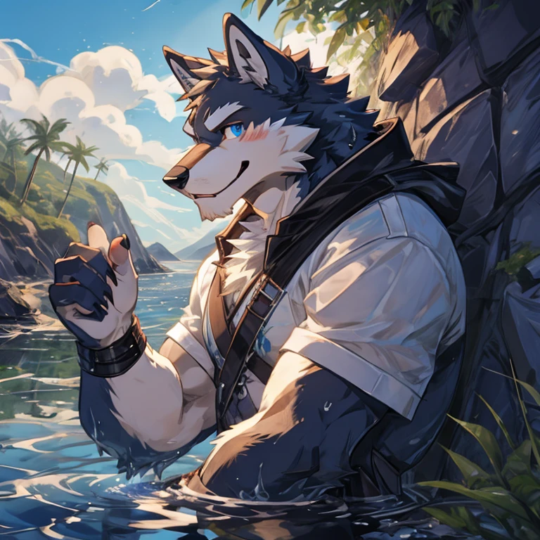 Frank the furry,(grey wolf), anthro,4 fingers, aqua blue eyes, white shirt, male, muscular, muscular anthro, muscular male, tail, outside, plant, light gray body, sea, solo, tree, (water), detailed background, cold atmosphere, open smile, soft blush