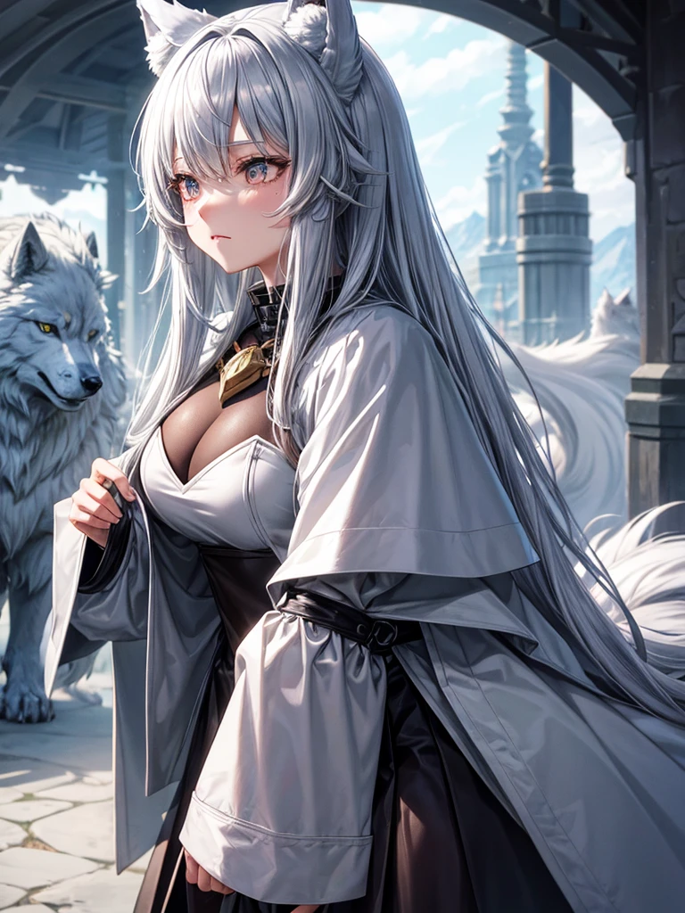 Beastman Girl、Silvery coat、The whole body is covered with hair、Wolf Ears、Wolf's paws、Bushy Wolf Tail、Big golden eyes、Double teeth、Laugh fearlessly、Close-up、View your viewers、Rocky Mountain