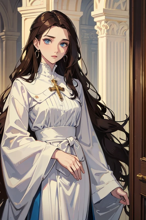 white girl about 25 years old, thin, elegant and beautiful clothes, with crucifix details, crucifix earrings, blind blue eyes, in a European mansion, long wavy brown hair