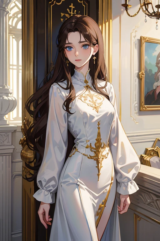 white girl about 25 years old, thin, elegant and beautiful clothes, with crucifix details, crucifix earrings, blind blue eyes, in a European mansion, long wavy brown hair