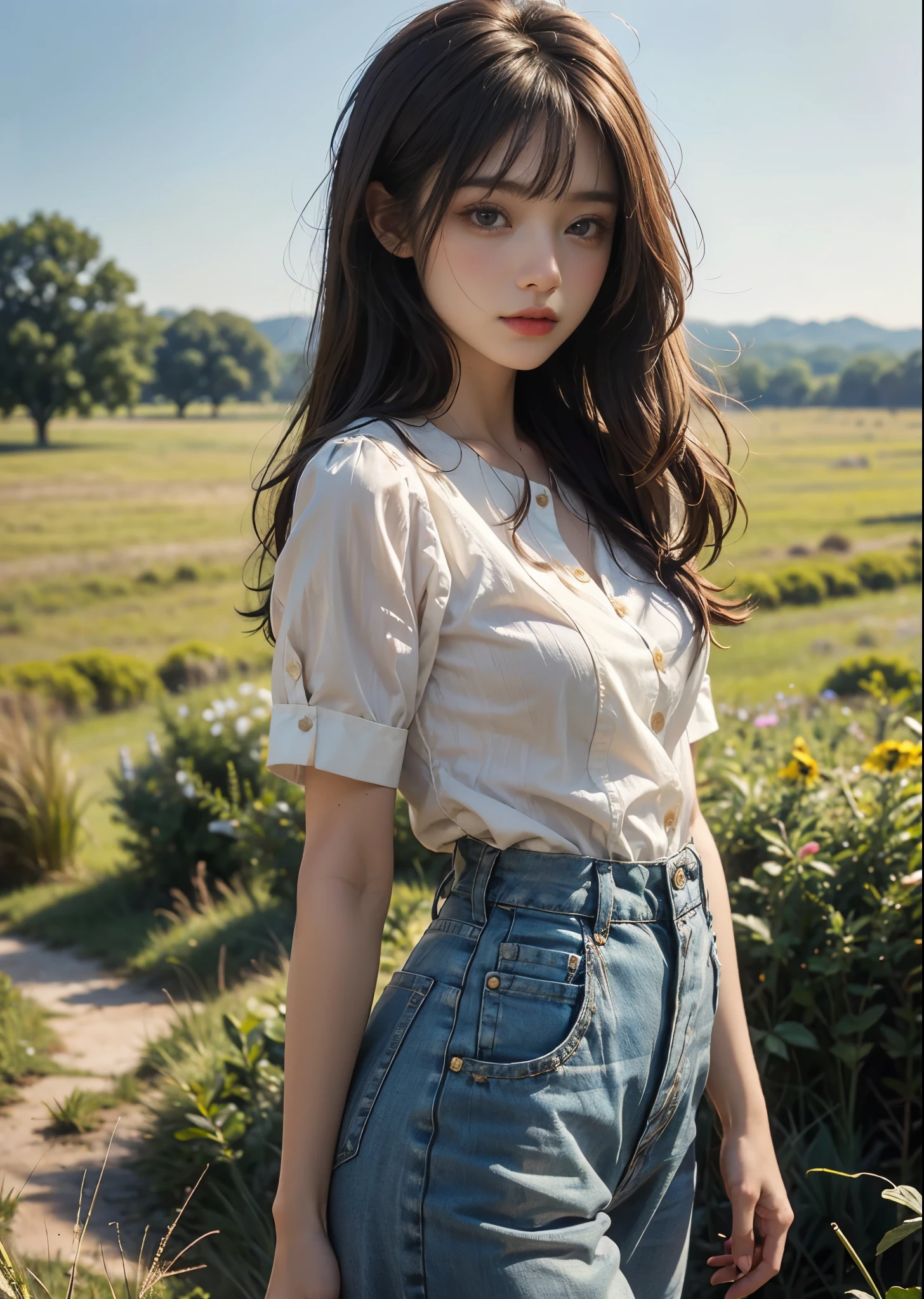 Girl wearing short-sleeved blouse、Cute 1 girl、Cowboy Shot、light brown hair with bangs,,、Big eyes、Small breasts、In the background you can see grassland and blue sky.、Perfect lighting、Sharp focus、High resolution、High resolution、High color reproducibility、High resolution、Ultra-realistic、Realistic